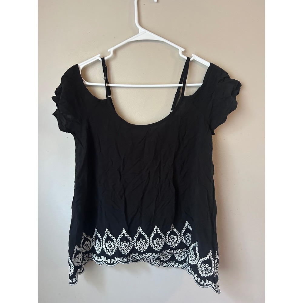 Abercrombie & Fitch Black Off Shoulder Top White Embroidered Whimsigoth Grunge